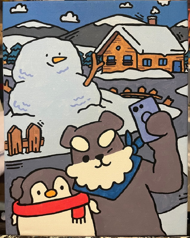 Schnauzer & Penguin Snow Adventure 2  Acrylic Painting